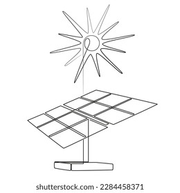 Solar panels and sun one continuous line drawing. Solar energy in minimalistic style. Panels facing the Sun absorbing sunlight. Linear vector illustration on white background. Green clean energy art.