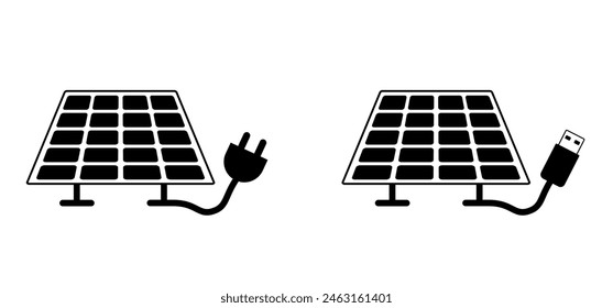Solar panels, sun, plug and play. Environmentally friendly, sun energy. Solar panel that generate electricity. Solar logo. Battery panel concept. Solar cells icon. Home or house concept.