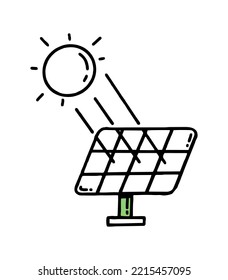 Solar panels with sun rays.  Green energy. Co2 concept of climate change .  Vector doodle