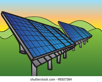 Solar Panels at Sunset Sky, hand-drawn illustration.