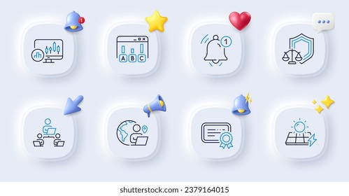 Solar panels, Survey results and Justice scales line icons. Buttons with 3d bell, chat speech, cursor. Pack of Reminder, Teamwork, Candlestick chart icon. Certificate, Outsource work pictogram. Vector