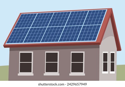 Solar panels or solar system on a house roof. Solar system on a red roof, vector illustration. 