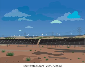  Solar panels transform the sun's rays into usable electrical energy. Land with some grass and in the background fields planted with trees and windmills to generate wind energy.