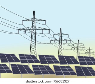 Solar panels and transmission. vector illustration 