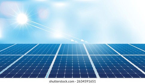Solar panels under bright sunlight, renewable energy source, eco-friendly technology for sustainable power generation, clean energy concept with blue sky and sunlight reflection. vector design.