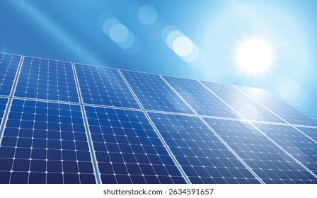 Solar panels under bright sunlight, renewable energy source, eco-friendly technology for sustainable power generation, clean energy concept with blue sky and sunlight reflection. vector design.