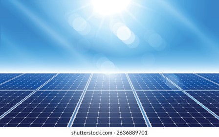 Solar panels under bright sunlight, renewable energy source, eco-friendly technology for sustainable power generation, clean energy concept with blue sky and sunlight reflection. vector design.