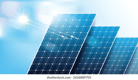 Solar panels under bright sunlight, renewable energy source, eco-friendly technology for sustainable power generation, clean energy concept with blue sky and sunlight reflection. vector design.