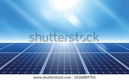 Solar panels under bright sunlight, renewable energy source, eco-friendly technology for sustainable power generation, clean energy concept with blue sky and sunlight reflection. vector design.