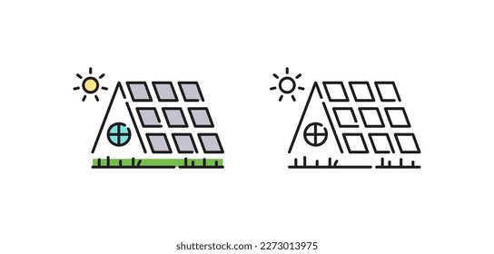 Solar Panels. Vector isolated icons. Black and color vector eco home with solar panel and battery sign icon isolated outline symbol with editable stroke.