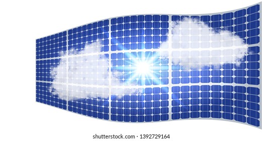 Solar panels in vector. Solar panels reflect the sun and clouds. Realistic solar panels for flyers, invitation, posters, brochure, banners, calendar.