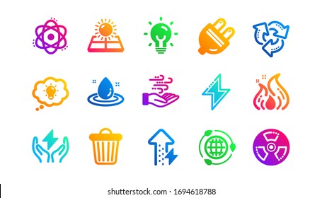 Solar panels, wind energy and electric thunder bolt. Energy icons. Fire flame, hazard, green ecology icons. Classic set. Gradient patterns. Quality signs set. Vector