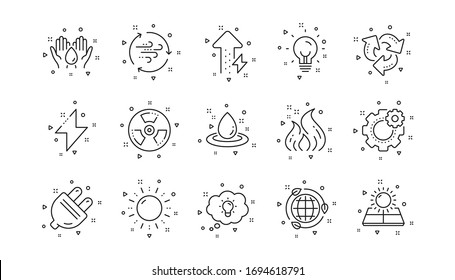 Solar panels, wind energy and electric thunder bolt. Energy line icons. Fire flame, hazard, green ecology icons. Linear set. Geometric elements. Quality signs set. Vector