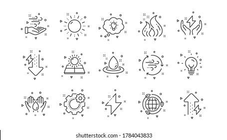 Solar panels, wind energy and electric thunder bolt. Energy line icons. Fire flame, hazard, green ecology icons. Linear set. Geometric elements. Quality signs set. Vector
