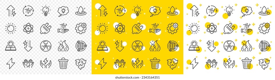 Solar panels, wind energy and electric thunder bolt. Energy line icons. Fire flame, hazard, green ecology icons. Electric plug, thunderbolt, recycling trash can. Solar power. Vector