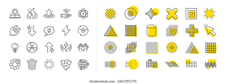 Solar panels, wind energy and electric thunder bolt. Design shape elements. Energy line icons. Fire flame, hazard, green ecology icons. Electric plug, thunderbolt, recycling trash can. Vector