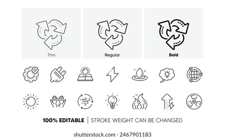 Solar panels, wind energy and electric thunder bolt. Energy line icons. Fire flame, hazard, green ecology icons. Linear set. Line icons set. Vector