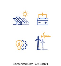 Solar Panels And Wind Farm Energy Concept, Offshore Wind Turbines, Green Electricity, Accumulator And Light Bulb Vector Line Icon