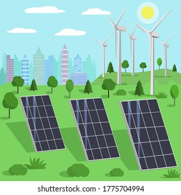 Solar panels and wind generators on the background of the city. In the style of a flat vector illustration.The concept of alternative eco-energy.