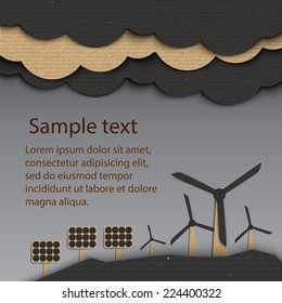 Solar panels and wind turbine.Cardboard texture. Vector illustration 
