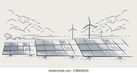 Paneles solares y turbinas eólicas o fuentes alternativas de energía. dibujo. Diseño de ilustración vectorial.