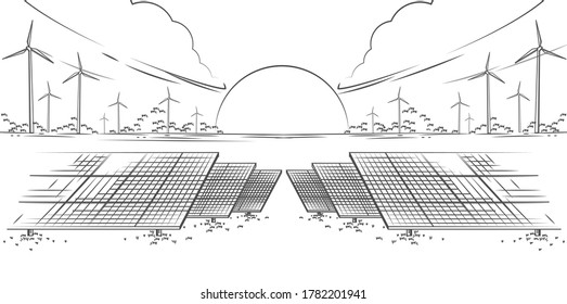 Solar panels and wind turbines or alternative sources of energy. drawn sketch. Vector illustration design.