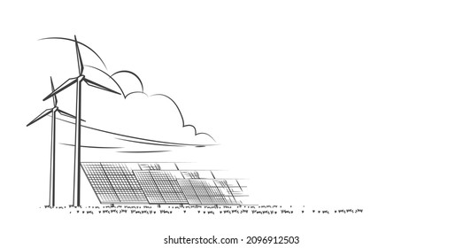 Paneles solares y turbinas eólicas o fuentes alternativas de energía. dibujo. Diseño de vectores.