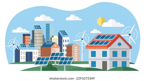 Solar panels and wind turbines or alternative sources of energy. Eco friendly, sustainable renewable and alternative energy. Smart grid virtual battery energy storage network with house office factory