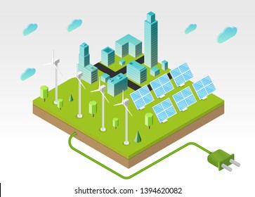 Solar panels, wind turbines with city buildings on green ground or island. Concept of alternative ecology energy sources. Flat 3d isometric cartoon composition. Abstract minimalistic illustration.