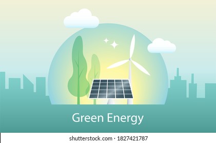 Solar panels and wind turbines in city buildings and blue sky background. Renewable Electric power production, green and clean energy resources to environment. Vector.