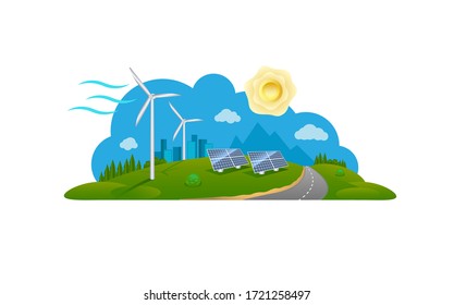 Solar panels and wind turbines in front of the town on the background sky. Eco clear city theme. Ecological sustainable energy supply from sun and wind. Vector illustration. 