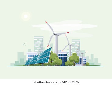 Solar panels and wind turbines in front of the city skyline in the background. Eco green city theme. Ecological sustainable energy supply.