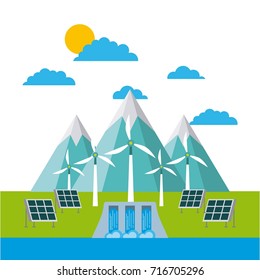 solar panels and wind turbines in front of the mountains eco green