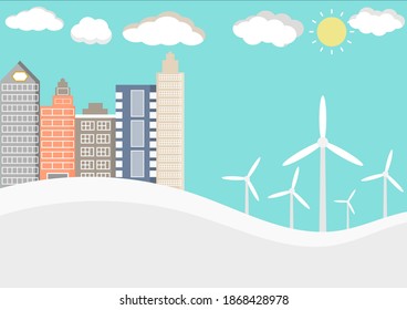 solar panels, wind turbines  generates electricity for use in the city for Energy saving, vector illustration