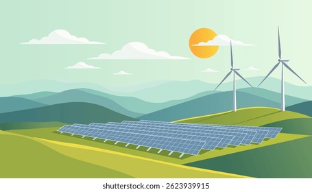 Solar panels and wind turbines generating clean energy in a lush green mountain landscape with sun and clouds