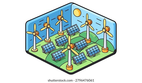 Solar panels and wind turbines generating clean energy
