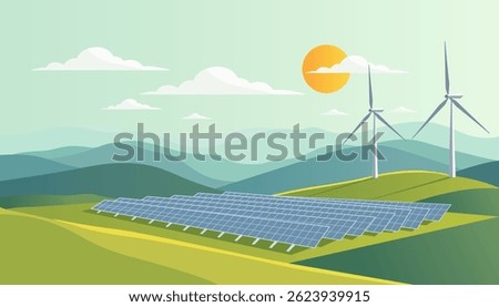 Solar panels and wind turbines generating clean energy in a lush green mountain landscape with sun and clouds