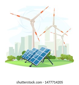 Solar panels and wind turbines, green energy, urban landscape, ecology. Ecological sustainable energy supply. Vector