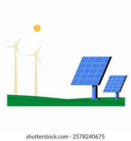 Solar Panels And Wind Turbines In Green Energy Landscape in Flat Vector Illustration Symbolizing Renewable Energy, Sustainability, and Eco Friendly Power, Isolated on White Background