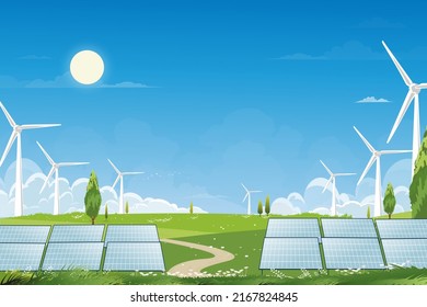 Solar panels wind turbines installed as renewable station an energy sources for electricity and power supply.Innovation,Technology, Environmental friendly energy.Solar farm in sunny day on green field