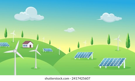 Solar panels and wind turbines installed as renewable station an energy sources for electricity and power supply.Innovation,Green Energy Source. Alternative Renewable Energy. 