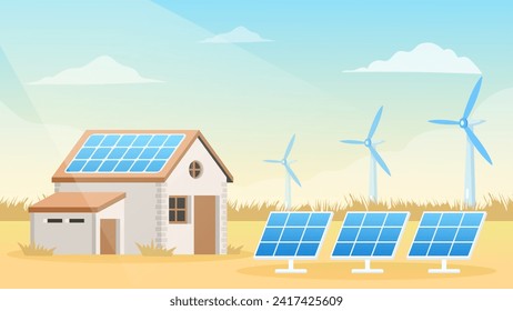 Solar panels and wind turbines installed as renewable station an energy sources for electricity and power supply.Innovation,Green Energy Source. Alternative Renewable Energy. 