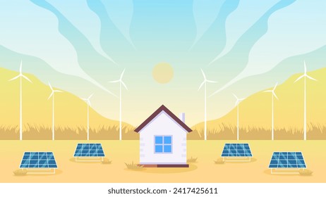 Paneles solares y turbinas eólicas instalados como estaciones renovables y fuentes de energía para el suministro de electricidad y energía.Innovación, Fuente de Energía Verde. Energía renovable alternativa. 