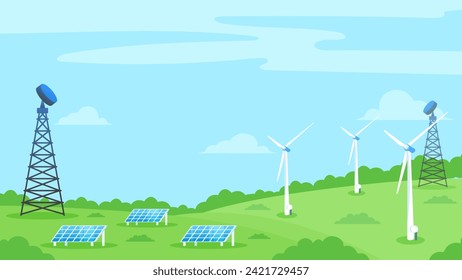Solar panels and wind turbines installed as renewable station an energy sources for electricity and power supply.Innovation,Green Energy Source. Alternative Renewable Energy. 