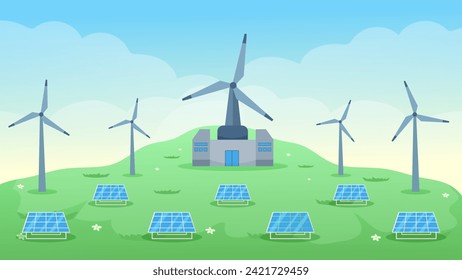 Paneles solares y turbinas eólicas instalados como estaciones renovables y fuentes de energía para el suministro de electricidad y energía.Innovación, Fuente de Energía Verde. Energía renovable alternativa. 