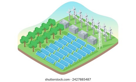 Paneles solares y turbinas eólicas instalados como estación renovable y fuentes de energía para el suministro de electricidad y energía. Innovación, Fuente de Energía Verde. Energía renovable alternativa. 