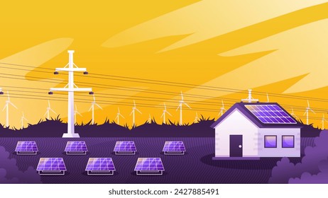 Solar panels and wind turbines installed as renewable station an energy sources for electricity and power supply.Innovation,Green Energy Source. Alternative Renewable Energy. 