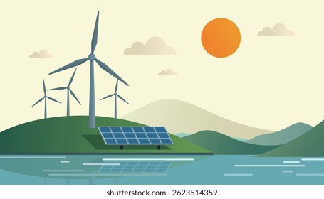Solar panels and wind turbines near a body of water with hills and sun in the background