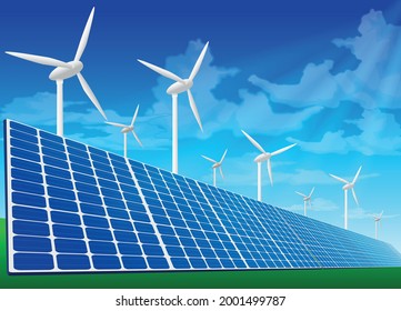 
Paneles solares y turbinas eólicas sobre el terreno.Vector gráfico
