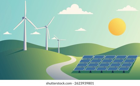 Solar panels and wind turbines on green hills with a winding road under a sunny sky